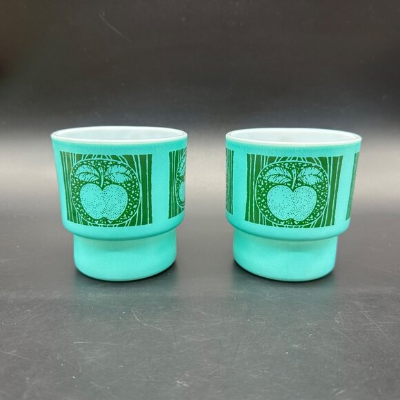 Vintage Milk Glass Mugs Hazel Atlas Teal Green Stacking Fruit Cherry Pear Apple - Picture 3 of 11